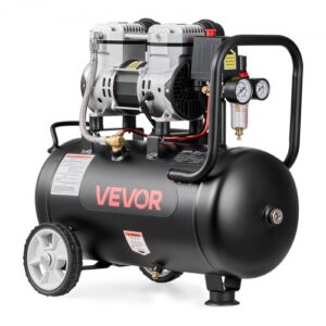 VEVOR Compresor de Aire Portátil con Depósito 24 L sin Aceite, Motor de 1,1 kW, 68 L/min a 6,2 bar Presión Máxima 8 bar, con Ruedas para Herramientas Neumáticas, Garaje, Inflado, Taller y Reparación