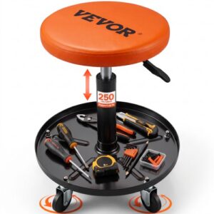 VEVOR Taburete de Taller Móvil Carga de 113,4 kg Taburete Mecánico con Ruedas Asiento de Taller Altura Ajustable con Bandeja de Herramientas Marco Resistente Cómodo Asiento Acolchado para Automóvil