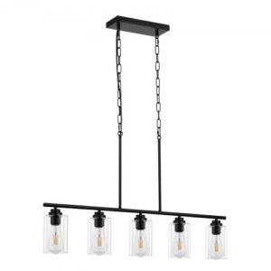 VEVOR Luces colgantes de isla de cocina de 5 luces, 60 W, lámpara de comedor ajustable con pantalla de vidrio transparente, 4 varillas, 2 cadenas de metal, candelabros lineales de granja con marco de metal para comedor, E27