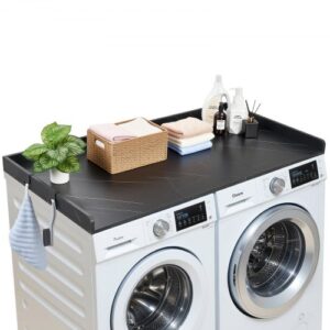 VEVOR Encimera para Lavadora y Secadora de Madera 137 x 69,9 cm, Cubierta Superior Soporta hasta 113 kg con Borde Elevado, Ganchos Laterales, Almohadillas para Lavadero Baño Cocina Balcón, Color Negro