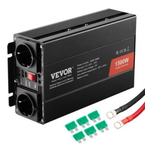 VEVOR Inversor de Corriente de Onda Sinusoidal Modificada 1500 W Inversor de Corriente CC 12 V a CA 230 V con 2 Salidas CA 2 Puertos USB, 1 Puerto Tipo C, 6 Fusibles de Repuesto para Teléfonos, PC