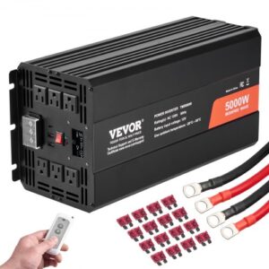 VEVOR Inversor de corriente de onda sinusoidal modificada inversor de corriente de 5000 W CC 12 V a CA 230 V con 2 salidas de CA, 2 puertos USB, 1 puerto tipo C, pantalla LCD y control remoto