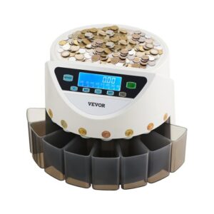 VEVOR Clasificadora de Monedas EURO, Contadora de Monedas para 8 Tipos de Monedas de Euro con Pantalla LCD, Almacenamiento de Monedas, 5 Tubos y Cajas para Monedas Admite hasta 850 Monedas