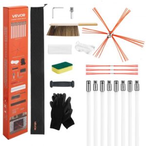 VEVOR Kit de Cepillo Limpieza de Chimenea, 8 m Varilla Flexible de Nylon, 3 Recambios de Cerdas, Guantes, Gafas, Bolsa, Deshollinador Flexible a 90° para Chimeneas Cuadradas, Rectangulares y Arqueadas