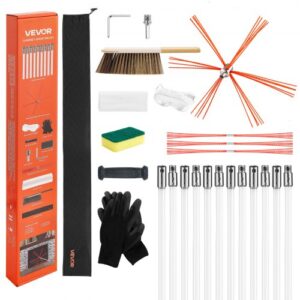 VEVOR Kit de Cepillo Limpieza de Chimenea, 12 m Varilla Flexible de Nylon, 3 Recambios de Cerdas, Guantes, Gafas, Bolsa, Deshollinador Flexible a 90° para Chimeneas Cuadradas Rectangulares y Arqueadas