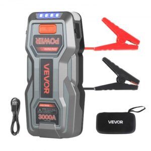 VEVOR Arrancador de Batería 3000A Pico 16000mAh, Arrancador de Baterías de Coche 12 V, Diésel 7L, Gasolina 9L, Linterna 3 Modos, Banco de Energía Portátil USB, 12 Protecciones para Camión Barco Moto