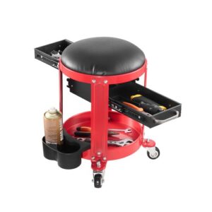 VEVOR Taburete Mecánico con Ruedas Carga de 136 kg Asiento de Garaje con Bandeja para Herramientas y 2 Cajones Asiento Acolchado Altura Fija para Garaje, Taller, Reparación de Autos, Rojo y Negro