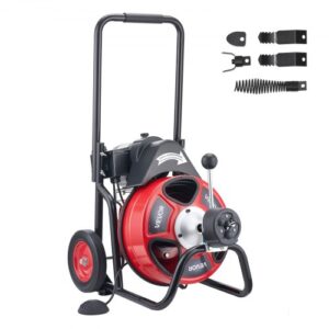 VEVOR Desatascador Eléctrico de Tuberías 30 m x 9,5 mm con Alimentación Automática con 4 Cabezales y Ruedas Máquina para Desatascar Desagües Fregadero WC Alcantarillado para Tuberías de 50 mm a 100 mm