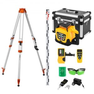 VEVOR Kit de Nivel Láser Giratorio con Trípode y Regla de Medición Láser Verde, Alcance de 500 m, Giro de 360°, Ángulo de Escaneo Flexible, con Receptor de Control Remoto y Estuche de Transporte