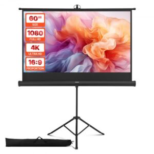 VEVOR Pantalla de Proyector con Soporte de 152,4 cm, Pantalla de Proyección Portátil y Antiarrugas con Trípode y Bolsa de Transporte, Ángulo Amplio de 160°, 16:9 4K HD, para Proyectores en Casa