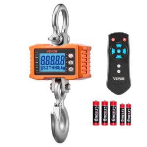 VEVOR Báscula Colgante Digital Carga Máxima 2000 kg Resolución 500 g con Tara, Pantalla LCD, Retención de Pico Datos, Aluminio Fundido, Escala Digital de Grúa Portátil para Taller Almacén Granja Pesca